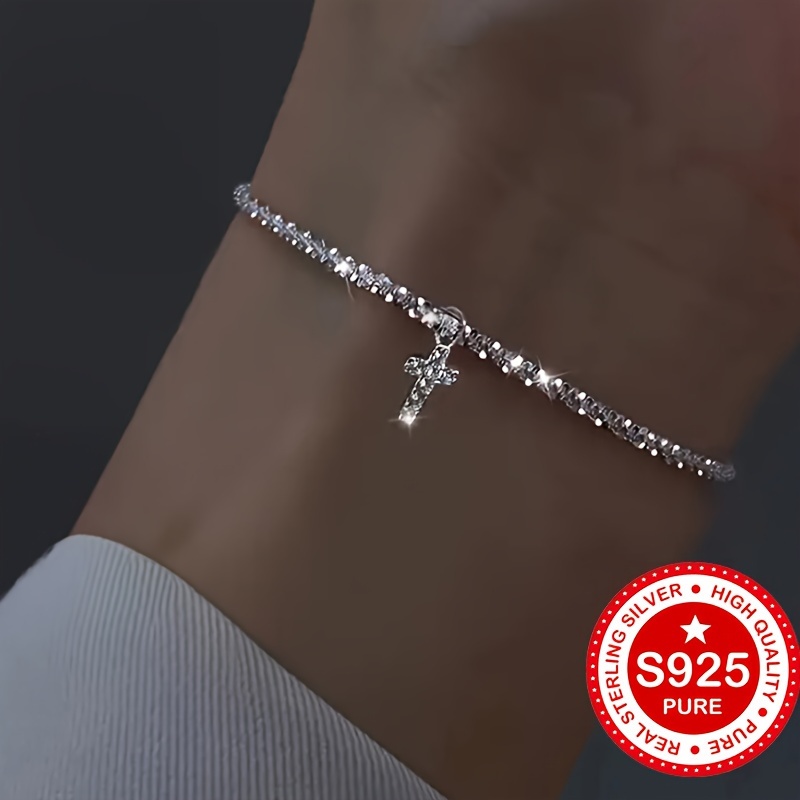 S925 Silver Broccoli Bracelet with Cross Pendant